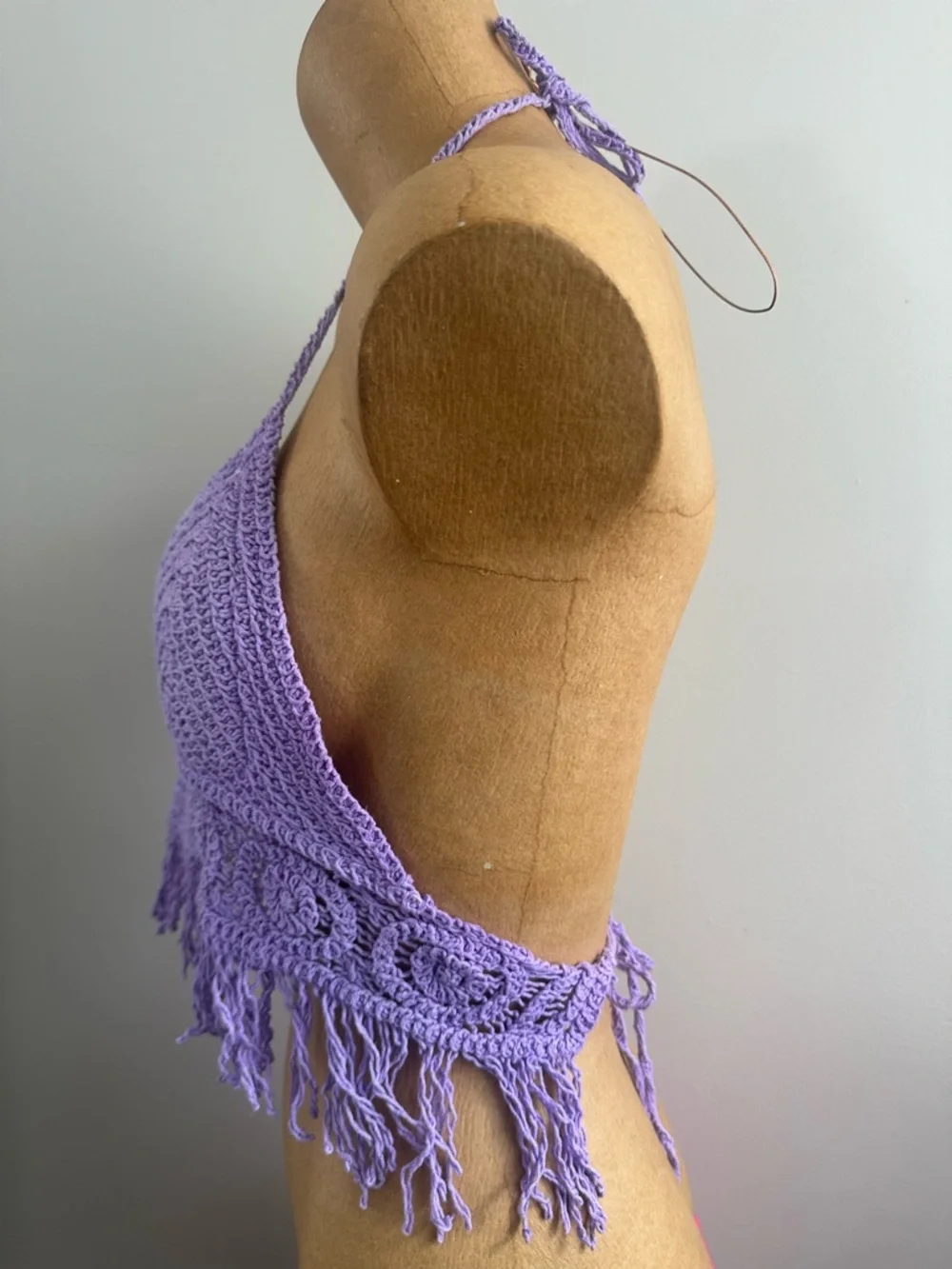 Lavender Crochet Halter Fringe Crop Top - Picture 3 of 5